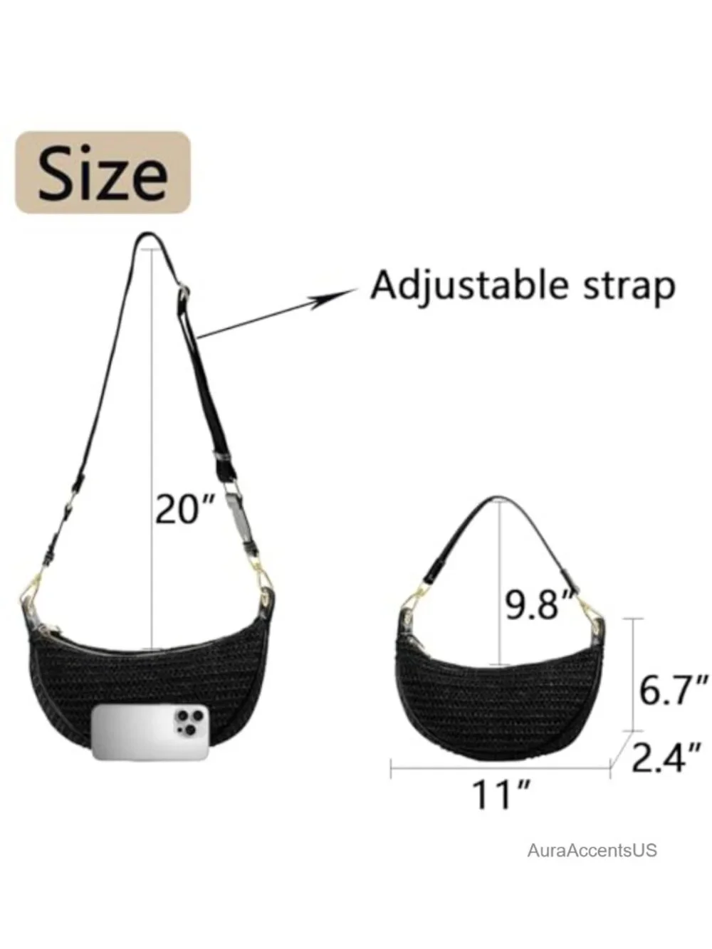 Straw Crescent Woven Hobo Crossbody Bag with Adjustable Strap